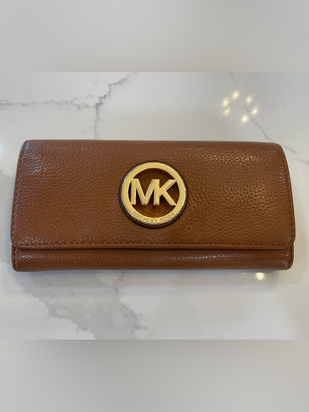 Michael Kors Tan Pebbled Leather Continental Wallet with Gold MK Emblem